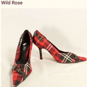 Wild Rose Y2K Vintage style (7.5) Red Tartan Plaid Pointy Toed High Heels NWOT